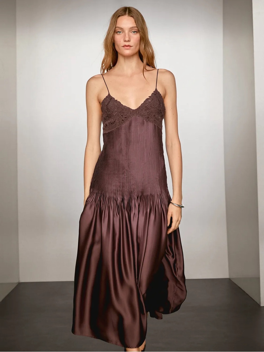 Massimo Dutti  Women's Satin Slip Dress with Lace Detail in Deep Brown